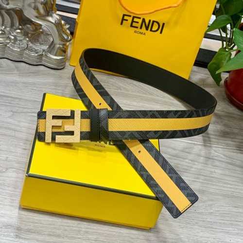 Fendi 芬迪 专柜同款 宽4.0Cm 双环正反用腰带 Ff按钉搭扣 黑色cuoio Romano皮革材质 反面面料带有烟草黄和黑色ff图案 四方满钻金属饰面