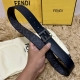 Fendi 芬迪 专柜同款 宽4.0Cm 双环正反用腰带 Ff按钉搭扣 黑色Cuoio Romano皮革材质 反面面料带有烟草黄和黑色Ff图案 四方金属饰面 时