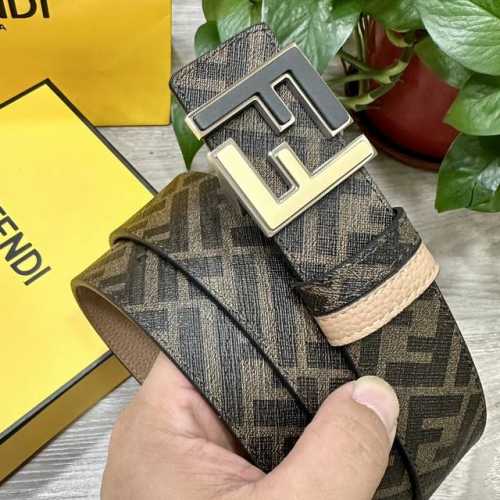 图片包装＋10 Fendi 芬迪 专柜同款 宽4.0Cm 双环正反用腰带 Ff按钉搭扣 土黄色Cuoio Romano皮革材质 反面面料带有烟草黄和黑色Ff图案