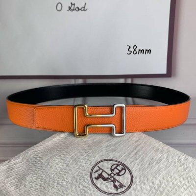 HermèS爱马仕 双头尖 双面原版 原单品质 进口头层牛皮 橙色荔枝纹搭配黑色平纹 寸半38Mm 配官网H 金银间色纯钢扣