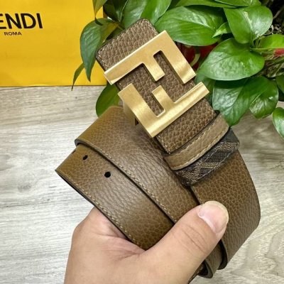 图片包装＋10 Fendi 芬迪 专柜同款 宽4.0Cm 双环正反用腰带 Ff按钉搭扣 咖啡色Cuoio Romano皮革材质 反面面料带有烟草黄和黑色Ff图案