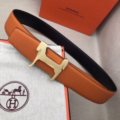 H家 双头尖 双面原版 原单品质 进口头层牛皮 橙色荔枝纹搭配黑色平纹 寸半38Mm 配h小马金 银扣