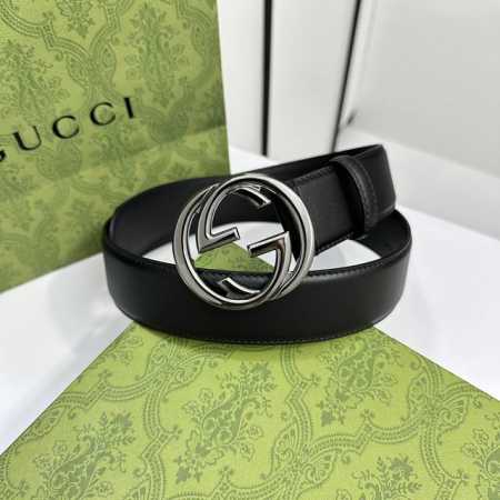 Gucci 0Ya0X 优质柔软细腻小牛皮面料 内衬进口专用底料 宽度4.0Cm 新版圆润互扣式双g搭扣 - 点击图像关闭