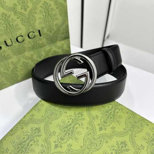 Gucci 0Ya0X 优质柔软细腻小牛皮面料 内衬进口专用底料 宽度4.0Cm 新版圆润互扣式双g搭扣