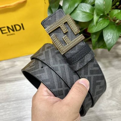 图片包装＋10 Fendi 芬迪 专柜同款 宽4.0Cm 双环正反用腰带 Ff按钉搭扣 黑色Cuoio Romano皮革材质 反面面料带有烟草灰和黑色Ff图案