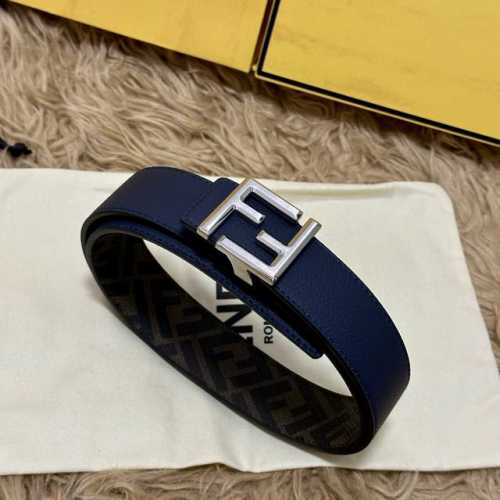 图片包装＋10 Fendi 芬迪 专柜同款 宽4.0Cm 双环正反用腰带 Ff按钉搭扣 深兰色Cuoio Romano皮革材质 反面面料带有烟草黄和黑色Ff图案