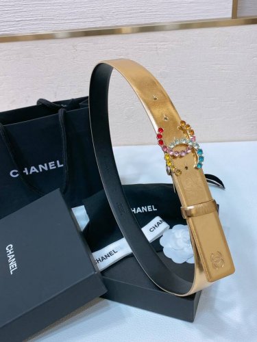 Chanel 24C 水钻粉 红 兰 青 黄彩色金属 Logo搭扣 黄铜金属进口胎牛皮平纹带身 手感柔软 细腻 3.0Cm