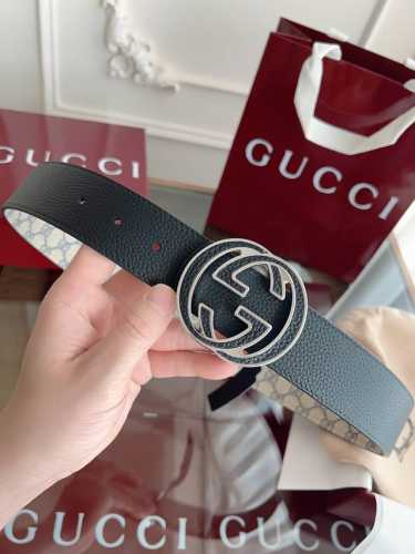 Gucci.古驰 全套包装 绝美Gucci 双G扣男士新款腰帶 專櫃同步 寬4厘米 雙面進口荔枝紋雙面雙色可用 精緻真空電鍍雙G鋼扣 時尚百搭款