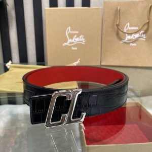 特 3.5宽christian Louboutin 男士ricky标志性徽标搭扣黑色腰带红色底，双面牛皮。
