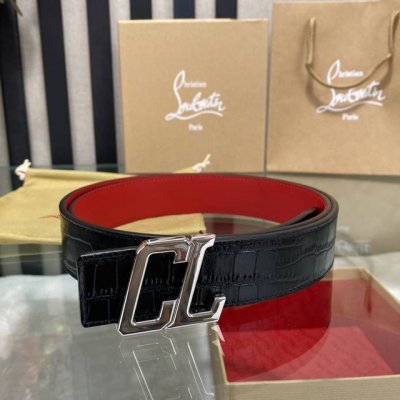 特 3.5宽christian Louboutin 男士ricky标志性徽标搭扣黑色腰带红色底，双面牛皮。