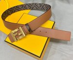 Fendi 芬迪 专柜同款 宽4.0Cm 双环正反用腰带 Ff按钉搭扣 土黄色Cuoio Romano皮革材质 反面面料带有烟草黄和黑色Ff图案 黑色珐琅金属饰