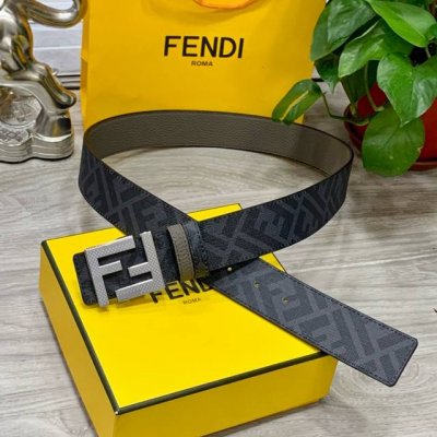 Fendi芬迪专柜同款 宽4.0Cm 双环正反用腰带 Ff按钉搭扣 灰色Cuoio Romano皮革材质 反面面料带有烟草灰和黑色Ff图案 黑色珐琅金属饰面 时