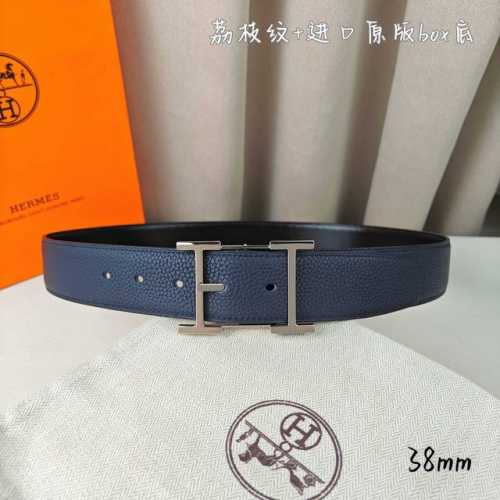 特 HermèS 爱马仕针扣 原单品质 进口头层牛皮 深蓝色荔枝纹搭配进口原版Box黑色平纹 38Mm宽 双面可用 配官网H亮银 亮金 亮枪扣