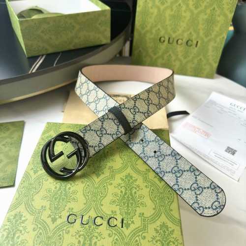 G U C C I 寬度40毫米 男士腰帶 這款時尚腰帶以雙面頭層小牛皮革匠心呈現，經典防水面料內襯樹稿磨砂牛皮設計 配以由精鋼金屬打造的Gucci銘牌經典雙G