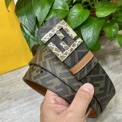 图片包装＋10 Fendi 芬迪 专柜同款 宽4.0Cm 双环正反用腰带 Ff按钉搭扣 土黄色Cuoio Romano皮革材质 反面面料带有烟草黄和黑色Ff图案