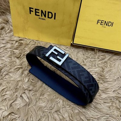图片包装＋10 Fendi 芬迪 专柜同款 宽4.0Cm 双环正反用腰带 Ff按钉搭扣 灰色Cuoio Romano皮革材质 反面面料带有烟草黄和黑色Ff图案
