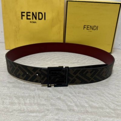图片包装＋10 DDD Fendi 芬迪 专柜同款 宽4.0Cm 双环正反用腰带 Ff按钉搭扣 酒红色Cuoio Romano皮革材质 反面面料带有烟草黄和黑色