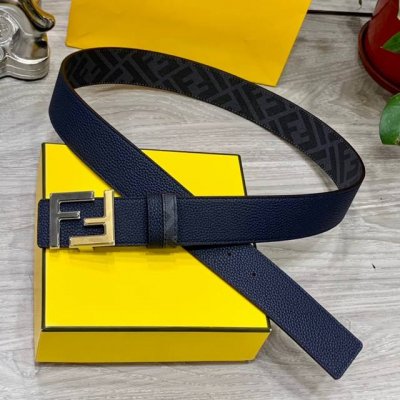 Fendi 芬迪 专柜同款 宽4.0Cm 双环正反用腰带 Ff按钉搭扣 兰色cuoio Romano皮革材质 反面面料带有烟草黄和黑色ff图案 黑色珐琅金属饰面