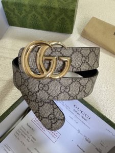 Gg系列双面腰带，一面缀饰品牌标志性图案，另一面以中性色调皮革打造。次款双面腰带采用皮革与Gg字母图案涂层织物打造，搭配标志性双G搭扣。钯金色调配件，双面设计双
