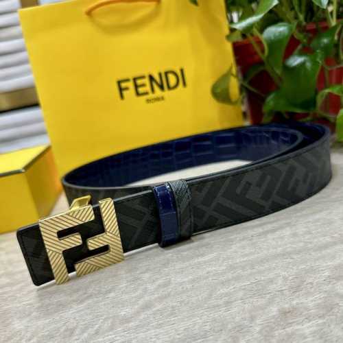 Fendi 芬迪 专柜同款 宽4.0Cm 双环正反用腰带 Ff按钉搭扣 兰色Cuoio Romano皮革材质 反面面料带有烟草黄和黑色Ff图案 四方金属饰面 时