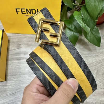 图片包装＋10 Fendi 芬迪 专柜同款 宽4.0Cm 双环正反用腰带 F按钉搭扣 黑色Cuoio Romano皮革材质 反面面料带有烟草黄和黑色Ff图案 黑