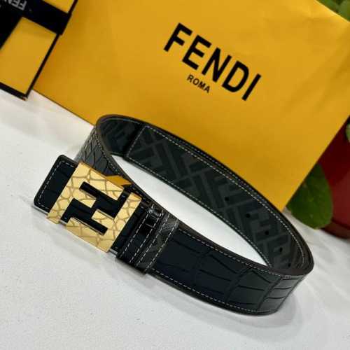 特 Fendi芬迪专柜同款 宽4.0Cm 双环正反用腰带 Ff按钉搭扣 黑色Cuoio Romano皮革材质 反面面料带有烟草黄和黑色Ff图案 四方金属饰面 时