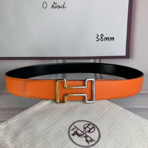 HermèS爱马仕 双头尖 双面原版 原单品质 进口头层牛皮 橙色荔枝纹搭配黑色平纹 寸半38Mm 配官网H 金银间色纯钢扣