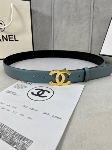 代购级 宽度3.0Cm Chanel 香奈儿女士腰带 进口柔软小牛皮支持nfc芯片官方网站链接扫码验证、金 银色花纹金属精品钢扣。