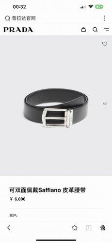 特 Prada 普拉达 专柜同款 男士双面用腰带 宽3.4Cm 带身采用一面saffiano黑色牛皮另一面黑色光滑牛皮 搭配简约旋转亮白针扣，承载着品牌象征性的