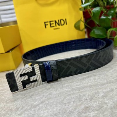 Fendi 芬迪 专柜同款 宽4.0Cm 双环正反用腰带 Ff按钉搭扣 兰色Cuoio Romano皮革材质 反面面料带有烟草黄和黑色Ff图案 四方金属饰面 时