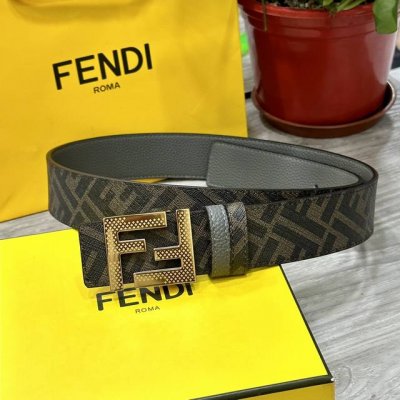 Fendi 芬迪 专柜同款 宽4.0Cm 双环正反用腰带 Ff按钉搭扣 黑色cuoio Romano皮革材质 反面面料带有烟草黄和黑色ff图案 四方金属饰面 时