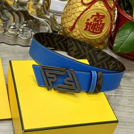 Fendi 芬迪 专柜同款 宽4.0Cm 双环正反用腰带 Ff按钉搭扣 双色cuoio Romano皮革材质 反面面料带有烟草黄和黑色ff图案 黑色珐琅金属饰面 - 点击图像关闭