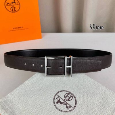 HermèS 爱马仕针扣 原单品质 进口头层牛皮 咖啡色荔枝纹搭配黑色平纹 38Mm宽 双面可用 配官网H亮银 亮金扣