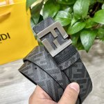 图片包装＋10 Fendi 芬迪 专柜同款 宽4.0Cm 双环正反用腰带 Ff按钉搭扣 黑色Cuoio Romano皮革材质 反面面料带有烟草灰和黑色Ff图案