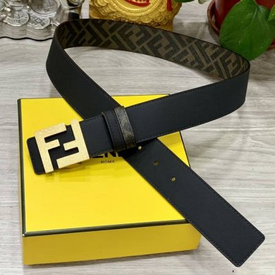 Fendi 芬迪 专柜同款 宽4.0Cm 双环正反用腰带 Ff按钉搭扣 双色Cuoio Romano皮革材质 反面面料带有烟草黄和黑色Ff图案 黑色珐琅金属饰面