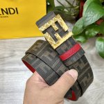 图片包装＋10 Fendi 芬迪 专柜同款 宽4.0Cm 双环正反用腰带 Ff按钉搭扣 红色Cuoio Romano皮革材质 反面面料带有烟草黄和黑色Ff图案