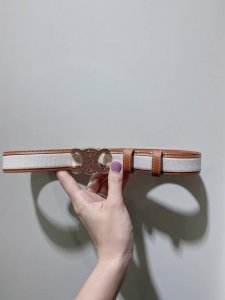 特 Celine 23 中号Triomphe Taurillon皮革腰带 青铜色 Taurillon.中腰，金色饰面金属件、亮面牛皮腰带 咖啡色！Triomph