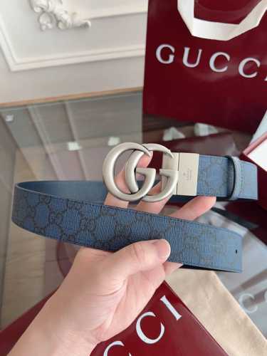 Gucci 627055 Facjt 宝蓝色Supreme pvc老花 蓝猪皮纹底 宽度3.7Cm 复古Gg旋转扣[原单精品扣] 双面可用 可裁剪
