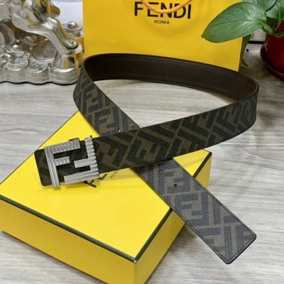 图片包装＋10 Fendi 芬迪 专柜同款 双环正反用腰带 Ff按钉搭扣 棕色Cuoio Romano皮革材质 反面面料带有烟草黄和黑色Ff图案 黑色珐琅金属饰
