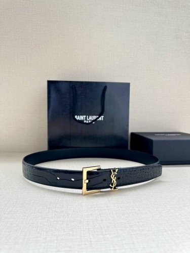 宽度3.0Cm Saint Laurent圣罗兰ysl Monogram鳄鱼纹压印皮革方扣窄腰带黑色女款
