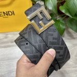 图片包装＋10 Fendi 芬迪 专柜同款 宽4.0Cm 双环正反用腰带 Ff按钉搭扣 深蓝色Cuoio Romano皮革材质 反面面料带有烟草黄和黑色Ff图案