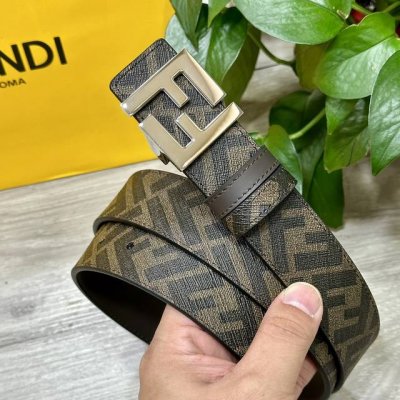 图片包装＋10 Fendi 芬迪 专柜同款 宽3.5Cm 双环正反用腰带 Ff按钉搭扣 咖啡色Cuoio Romano皮革材质 反面面料带有烟草黄和黑色Ff图案
