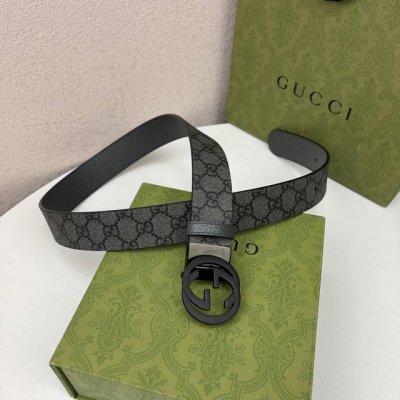 G U C C I 頂級品质 寬度3.7Cm一面專用訂製灰色帆布面料 衬托原厂猪皮纹灰色底 全新開模旋轉精密電鍍搭扣 对版专柜