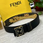 图片包装＋10 Fendi 芬迪 专柜同款 宽4.0Cm 双环正反用腰带 Ff按钉搭扣 黑色Cuoio Romano皮革材质 反面面料带有烟草黄和黑色Ff图案