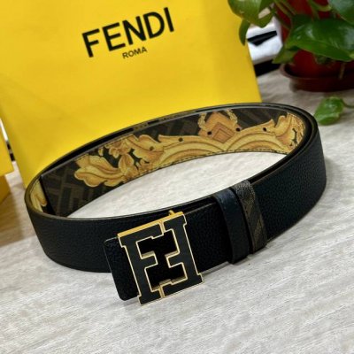 图片包装＋10 Fendi 芬迪 专柜同款 宽4.0Cm 双环正反用腰带 Ff按钉搭扣 黑色Cuoio Romano皮革材质 反面面料带有烟草黄和黑色Ff图案