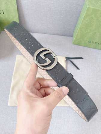 古驰：Gucci 黑色牛皮头层高温烫压大g面，反面为进口小牛皮头层树膏磨砂皮压小g，互扣式双g旋转扣，蒸空电镀上色，宽度3.8，支持nfc - 点击图像关闭