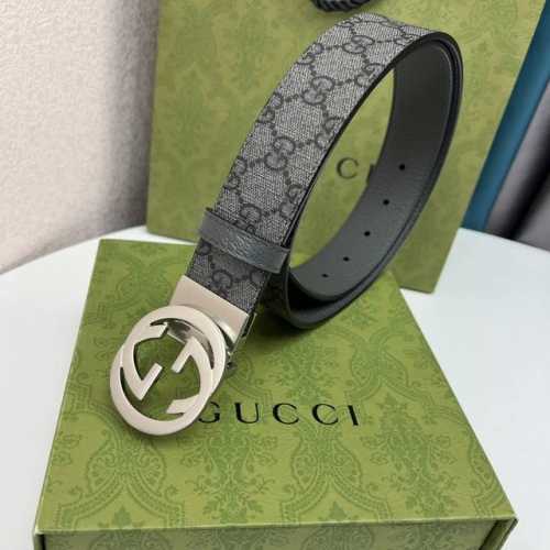 G U C C I 頂級品质 寬度3.7Cm一面專用訂製灰色帆布面料 衬托原厂猪皮纹灰色底 全新開模旋轉精密電鍍搭扣 对版专柜