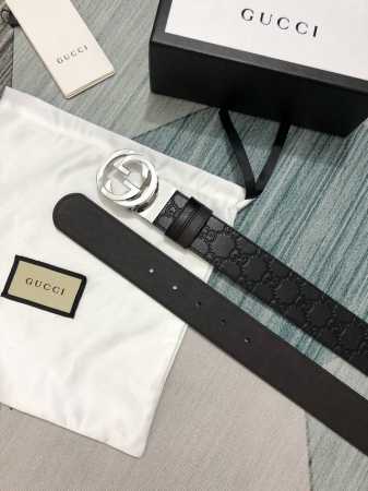配全套包装礼盒 Gucci转动款小牛皮压G花，内衬咖啡头层底，宽3.7Cm 旋转双G扣 双面可用 可裁剪 - 点击图像关闭