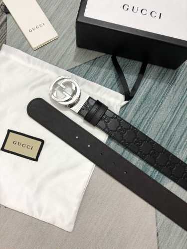 配全套包装礼盒 Gucci转动款小牛皮压G花，内衬咖啡头层底，宽3.7Cm 旋转双G扣 双面可用 可裁剪