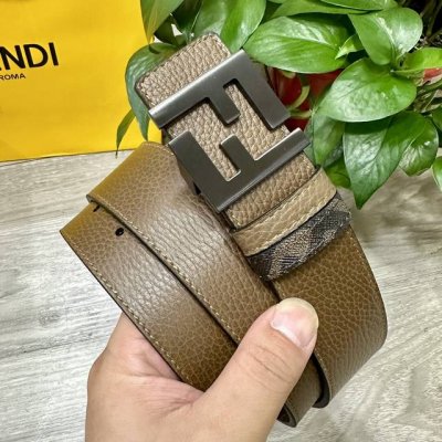 图片包装＋10 Fendi 芬迪 专柜同款 宽4.0Cm 双环正反用腰带 Ff按钉搭扣 咖啡色Cuoio Romano皮革材质 反面面料带有烟草黄和黑色Ff图案
